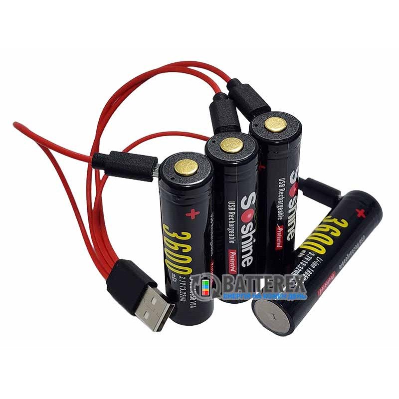 Комплект из 4х аккумуляторов 18650 Soshine 3600mah 3.7V 10A Protected с зарядкой от micro-USB, зарядный кабель на 4 аккумулятора и 2 бокса для хранения