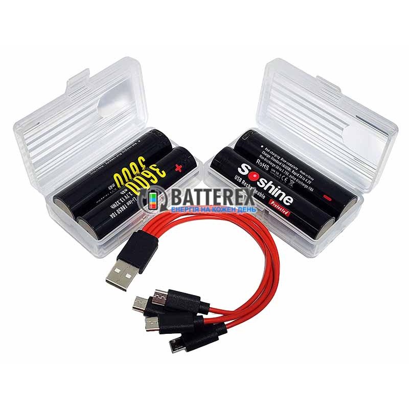 Комплект из 4х аккумуляторов 18650 Soshine 3600mah 3.7V 10A Protected с зарядкой от micro-USB, зарядный кабель на 4 аккумулятора и 2 бокса для хранения