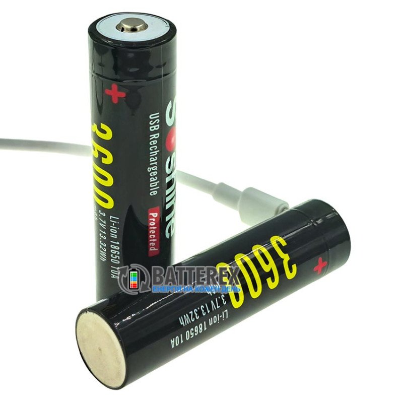 Акумулятор 18650 Soshine 3600mah 3.7V 10A Protected USB Type-C із захистом та зарядкою від USB