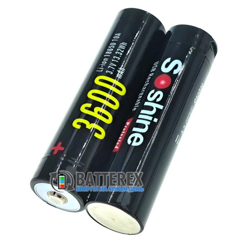 Акумулятор 18650 Soshine 3600mah 3.7V 10A Protected USB Type-C із захистом та зарядкою від USB