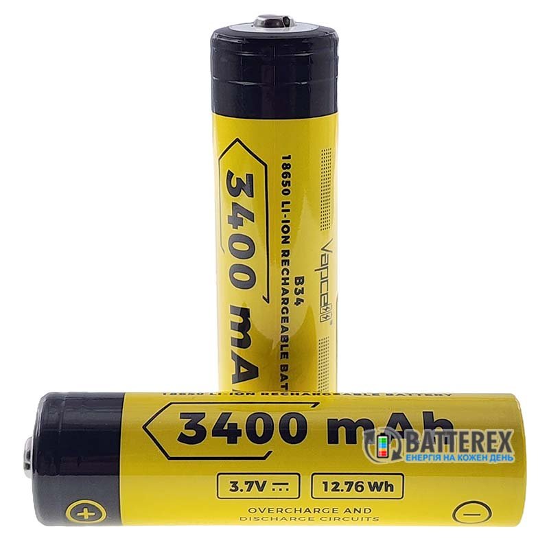 Аккумулятор 18650 с выпуклым контактом плюс Vapcell INR18650 B34 3400mah 3.6V без защиты