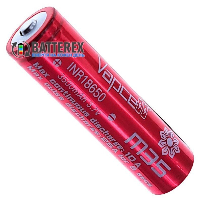 Аккумулятор 18650 Li-ion Vapcell M35 3500mah 3.7V 10A Button Top без захисту із виступаючим контактом Плюс