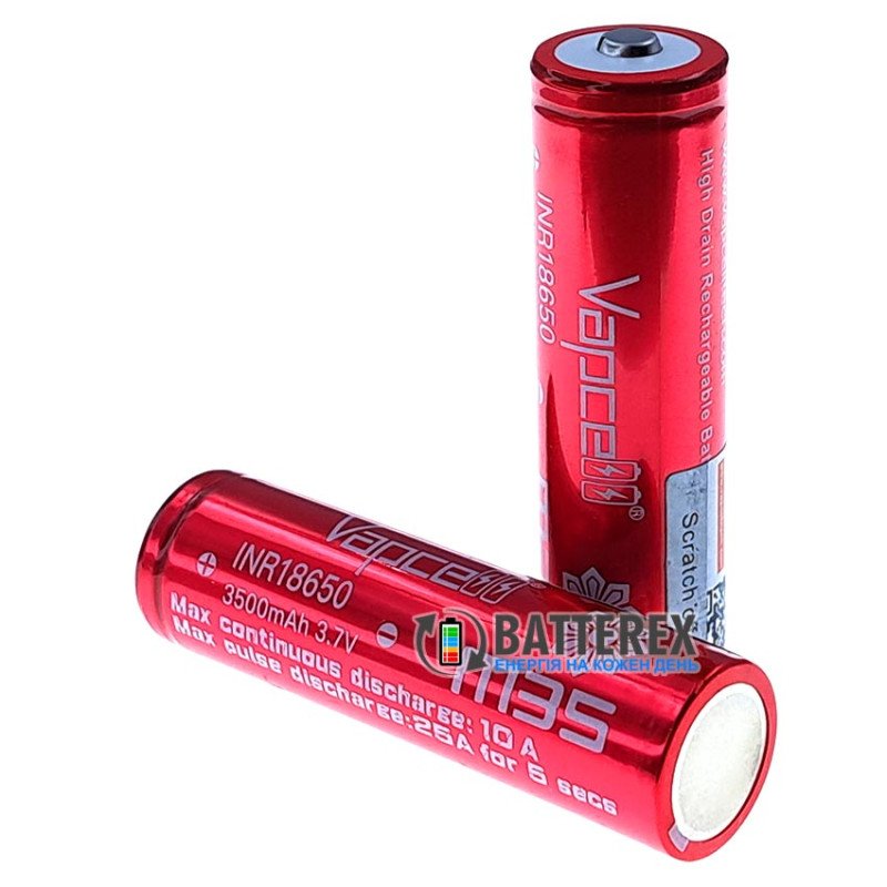 Аккумулятор 18650 Li-ion Vapcell M35 3500mah 3.7V 10A Button Top без захисту із виступаючим контактом Плюс