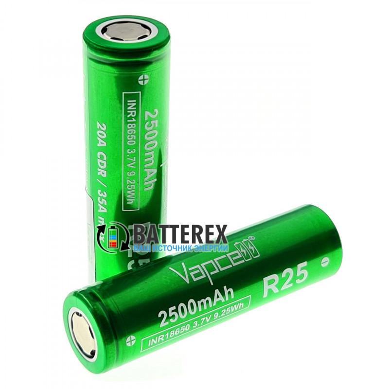 Аккумулятор Vapcell INR18650 R25 2500mah 3.7V 20A высокотоковый - полный аналог Samsung 25R и LG HE4
