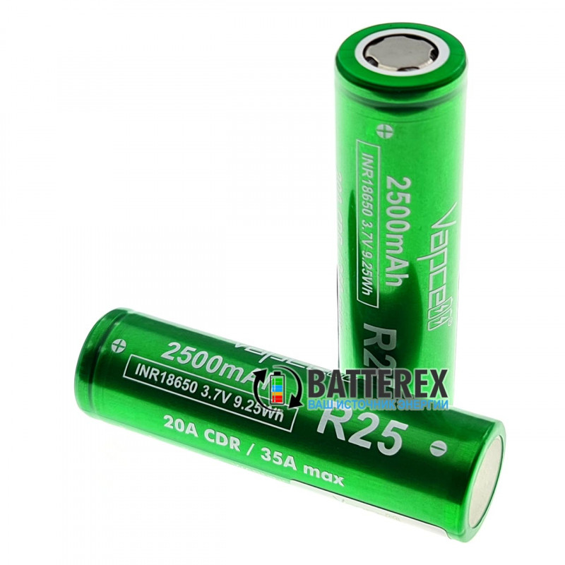 Аккумулятор Vapcell INR18650 R25 2500mah 3.7V 20A высокотоковый - полный аналог Samsung 25R и LG HE4