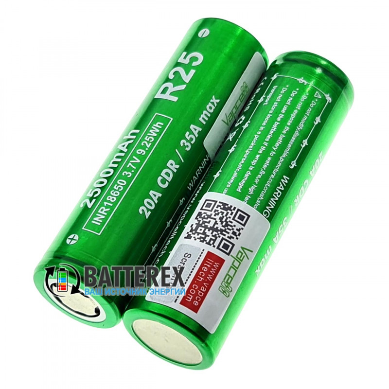 Аккумулятор Vapcell INR18650 R25 2500mah 3.7V 20A высокотоковый - полный аналог Samsung 25R и LG HE4
