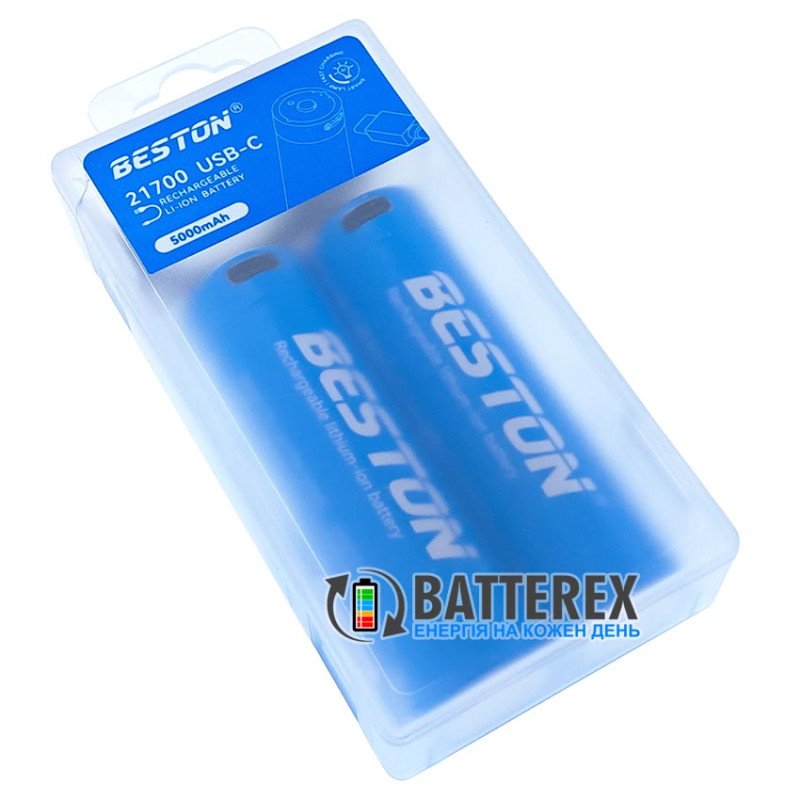 Акумулятор Li-ion 21700 Beston 5000mah 3.6V USB-C Protected із платою захисту, перевіркою рівня заряду та зарядкою від USB Type-C  - упаковка 2 шт. в пластиковому боксі із подвійним кабелем для зарядки