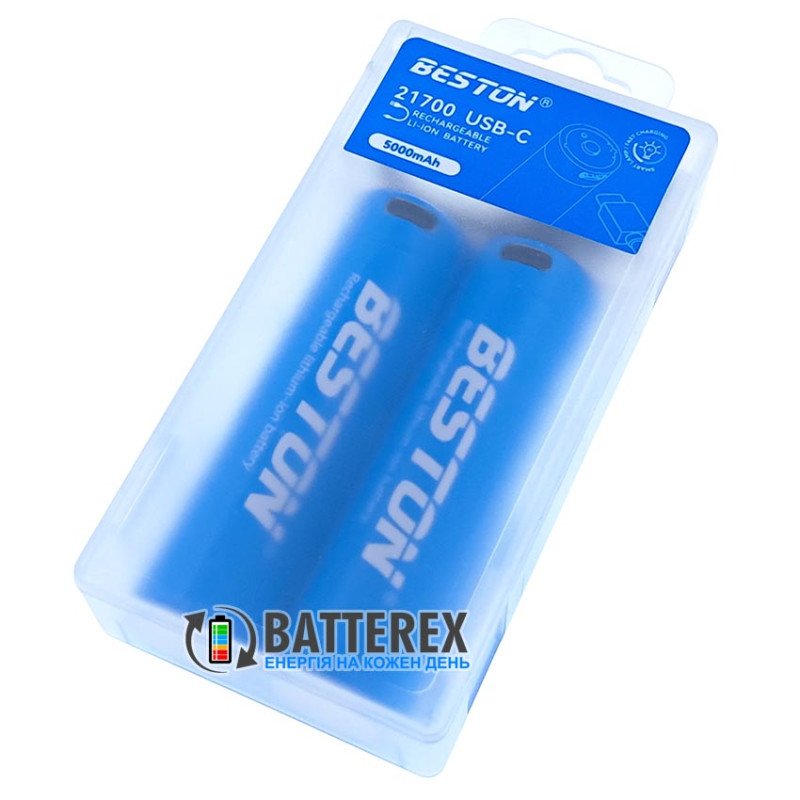 Акумулятор Li-ion 21700 Beston 5000mah 3.6V USB-C Protected із платою захисту, перевіркою рівня заряду та зарядкою від USB Type-C  - упаковка 2 шт. в пластиковому боксі із подвійним кабелем для зарядки