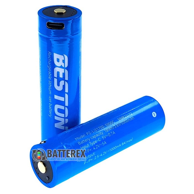 Акумулятор Li-ion 21700 Beston 5000mah 3.6V USB-C Protected із платою захисту, перевіркою рівня заряду та зарядкою від USB Type-C  - упаковка 2 шт. в пластиковому боксі із подвійним кабелем для зарядки