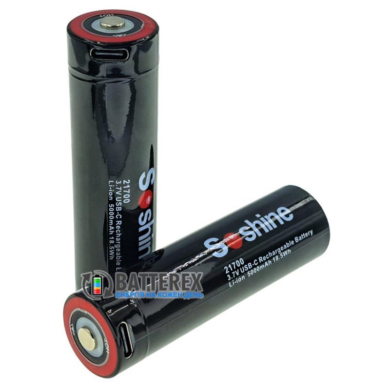 Акумулятор Li-ion 21700 Soshine 5000mah 18.5Wh 3.7V Protected USB-C із платою захисту та зарядкою від USB Type-C 