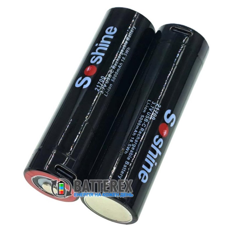 Акумулятор Li-ion 21700 Soshine 5000mah 18.5Wh 3.7V Protected USB-C із платою захисту та зарядкою від USB Type-C 