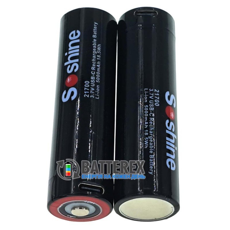 Акумулятор Li-ion 21700 Soshine 5000mah 18.5Wh 3.7V Protected USB-C із платою захисту та зарядкою від USB Type-C 