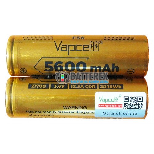21700 Vapcell INR F56 5600mah 3.6V 12.5A без защиты, реальная высокая ёмкость