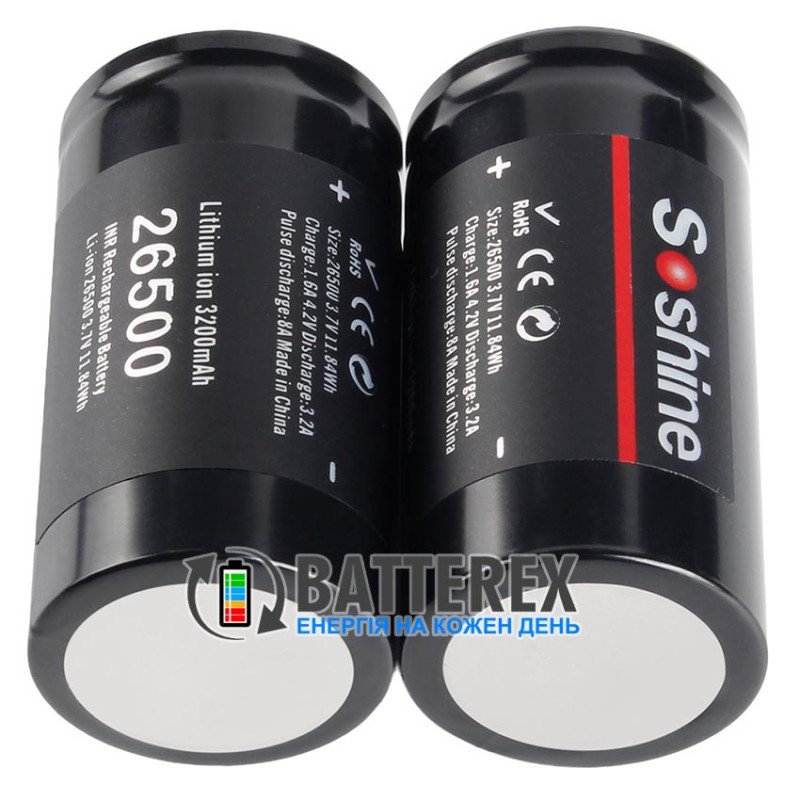 Аккумулятор Li-ion 26500 Soshine 3200mah 3.7V 6.4A без защиты