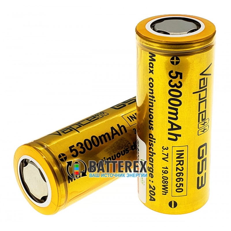 Аккумулятор 26650 высокотоковый Vapcell 5300mah 3,7V 20A без платы защиты