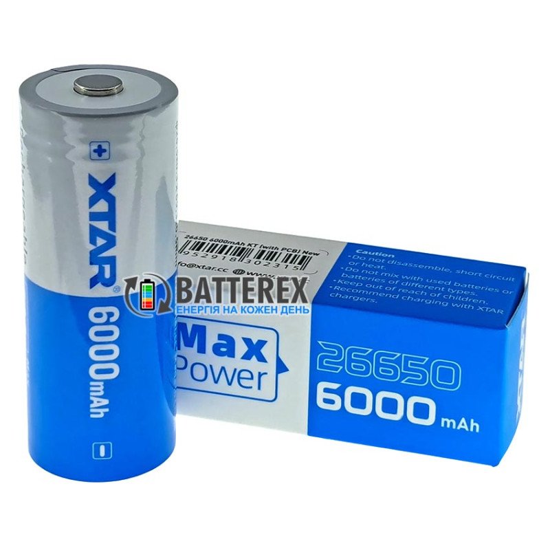 Акумулятор Li-ion 26650 XTAR 6000mah 21.6Wh 3.6V 10A Protected із платою захисту, висока реальна ємність