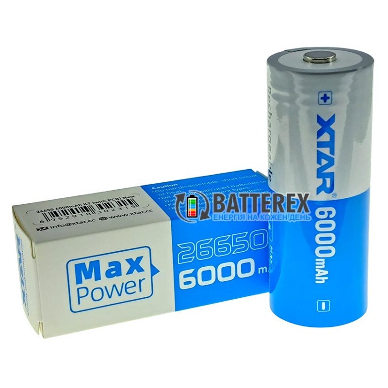 Акумулятор Li-ion 26650 XTAR 6000mah 21.6Wh 3.6V 10A Protected із платою захисту, висока реальна ємність