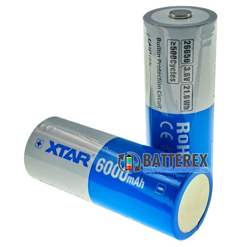 Акумулятор Li-ion 26650 XTAR 6000mah 21.6Wh 3.6V 10A Protected із платою захисту, висока реальна ємність
