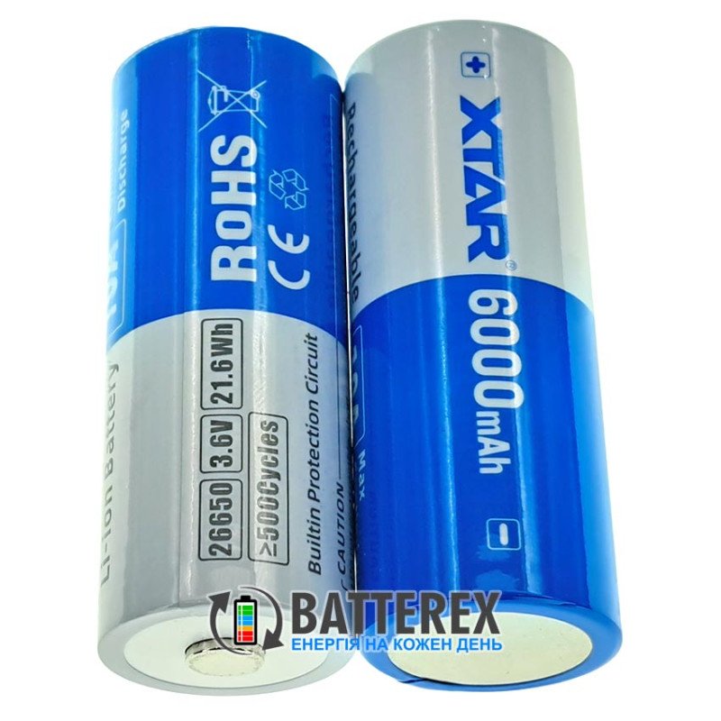 Акумулятор Li-ion 26650 XTAR 6000mah 21.6Wh 3.6V 10A Protected із платою захисту, висока реальна ємність