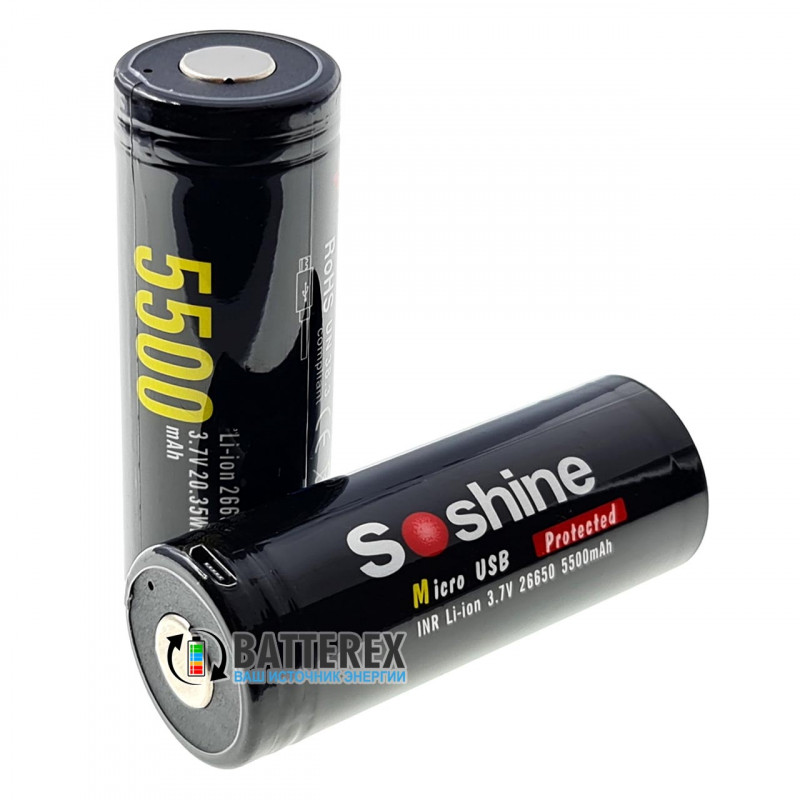 26650 Soshine 5500mah 3,7V Protected microUSB із захистом із зарядкою від micro-USB