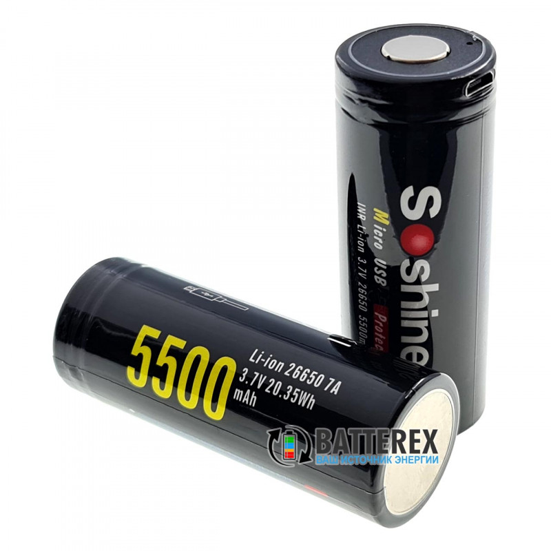 26650 Soshine 5500mah 3,7V Protected microUSB із захистом із зарядкою від micro-USB