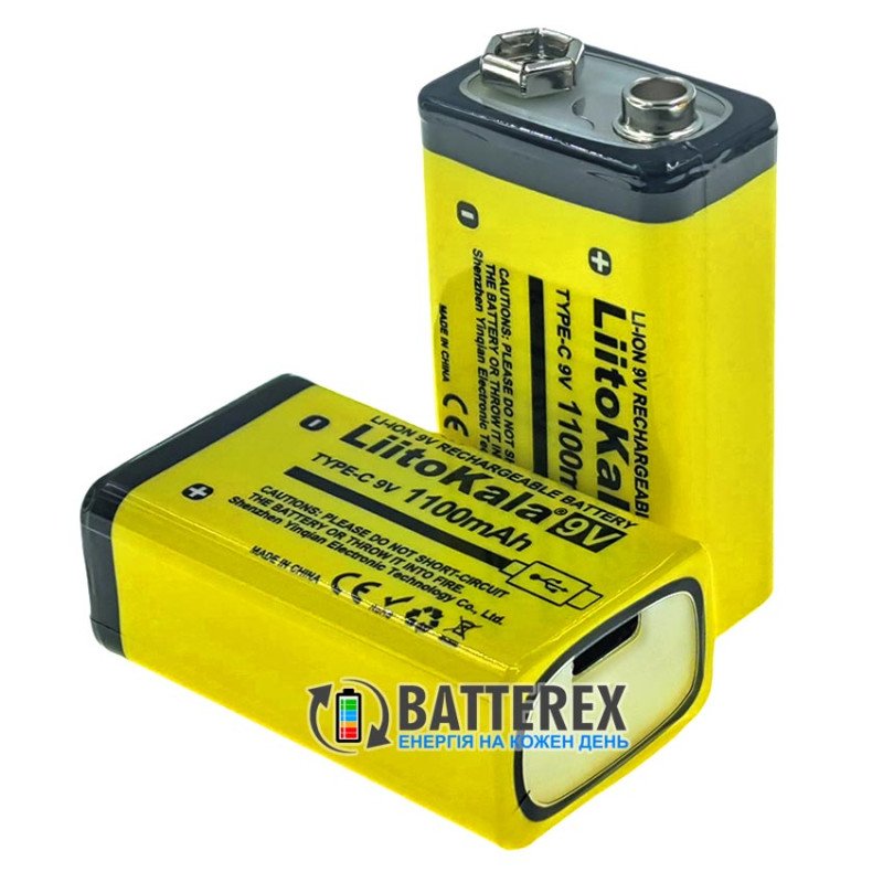 Акумулятор Крона Li-Po Liitokala 9V 1100mah, вбудована зарядка від USB Type-C, постійна стабільна напруга 9V, ціна за 1 шт.