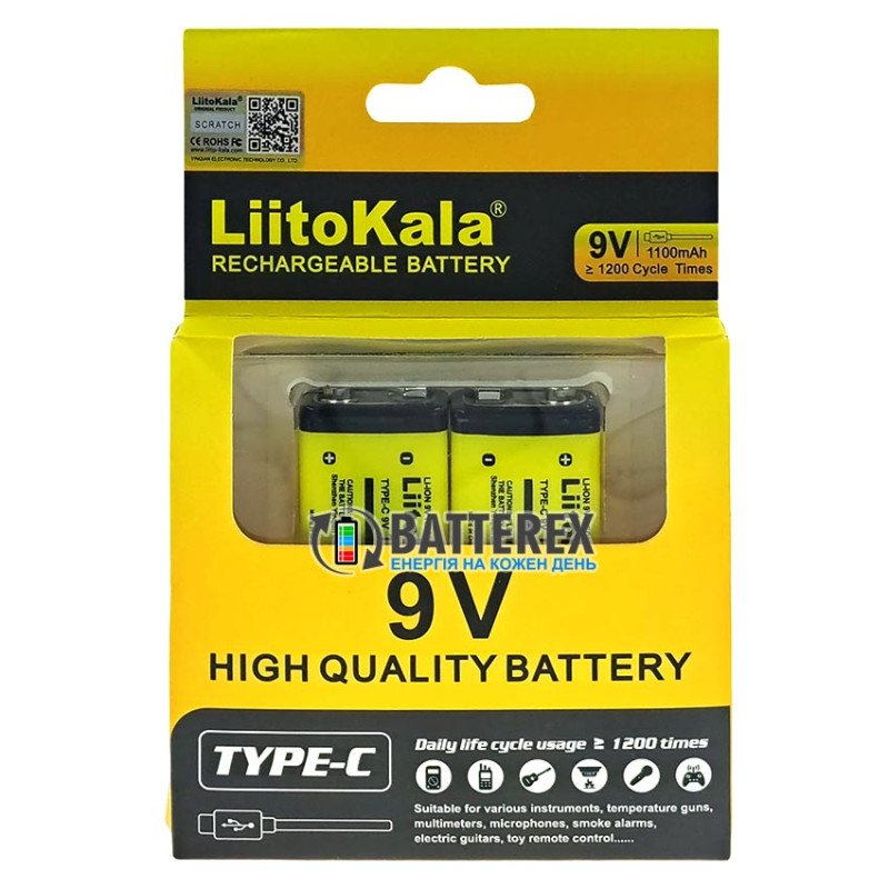 Акумулятор Крона Li-Po Liitokala 9V 1100mah, вбудована зарядка від USB Type-C, постійна стабільна напруга 9V, ціна за 1 шт.