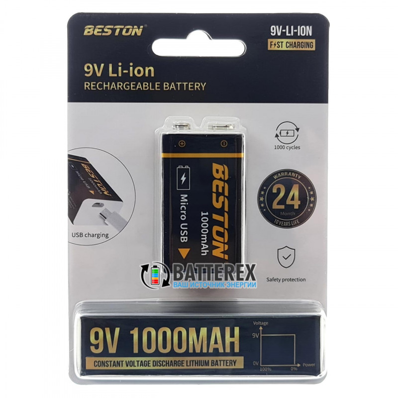 Аккумулятор Крона Li-ion Beston 9V 1000mah с зарядкой от micro USB