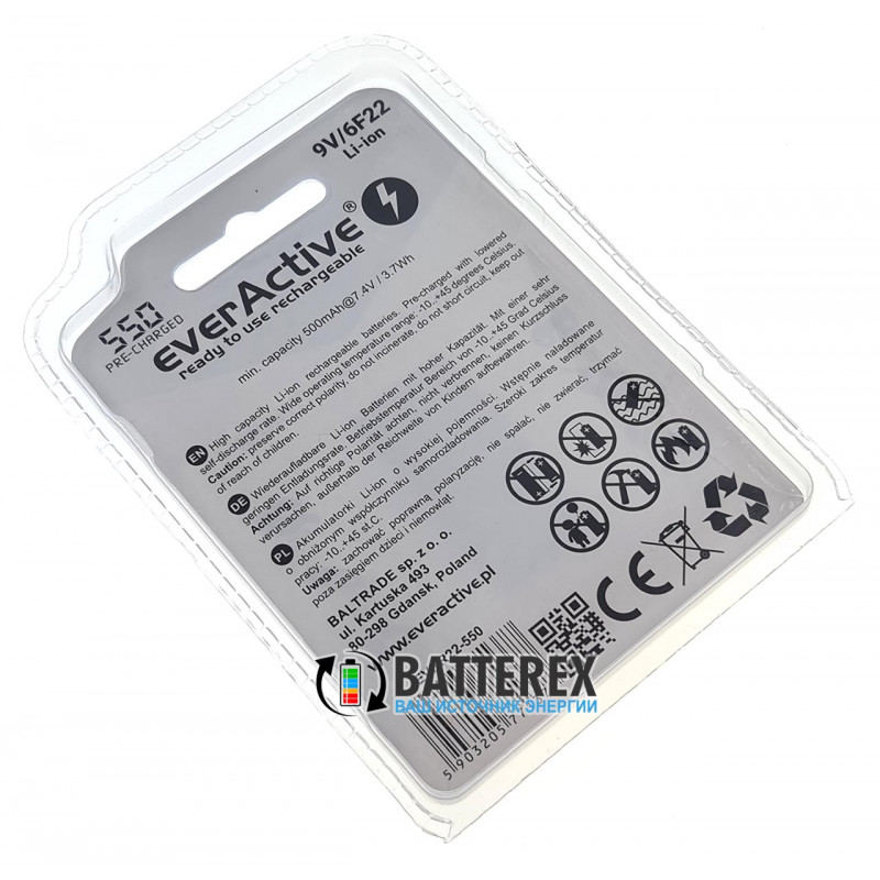 Аккумулятор Крона Li-ion Everactive 9V 550mah с зарядкой от micro USB