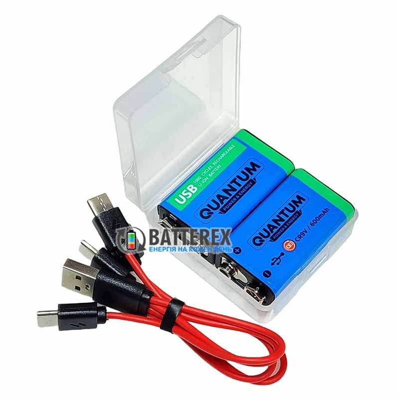Комплект: 2 акумулятори Крона Li-Ion Quantum 9V 600mah із портом Type-C для зарядки, зарядний кабель USB, бокс для зберігання