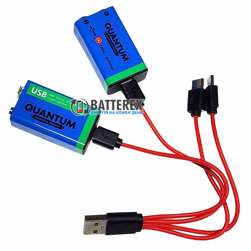 Комплект: 2 акумулятори Крона Li-Ion Quantum 9V 600mah із портом Type-C для зарядки, зарядний кабель USB, бокс для зберігання