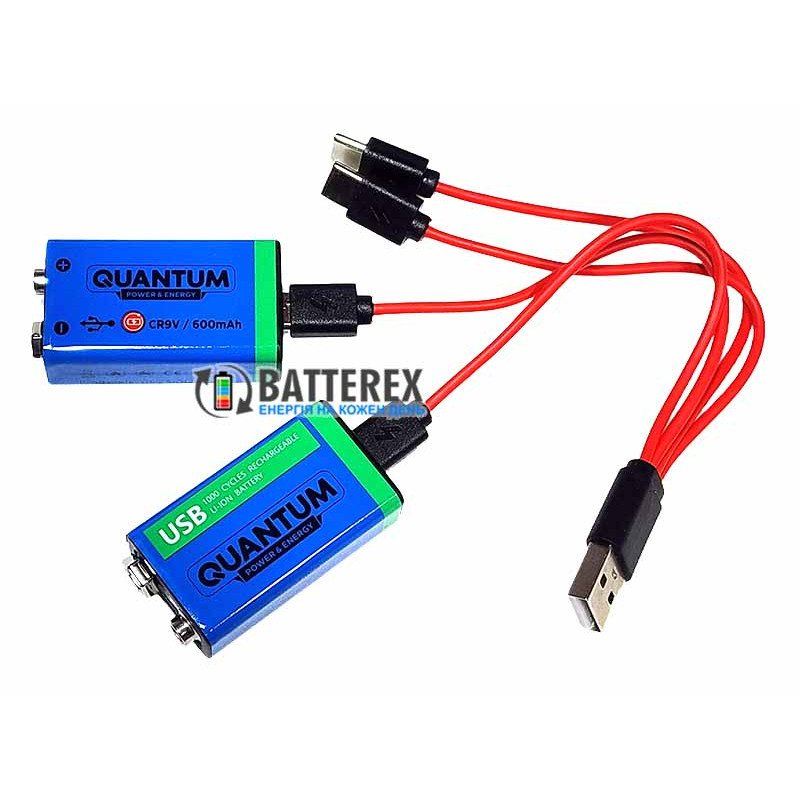 Комплект: 2 акумулятори Крона Li-Ion Quantum 9V 600mah із портом Type-C для зарядки, зарядний кабель USB, бокс для зберігання