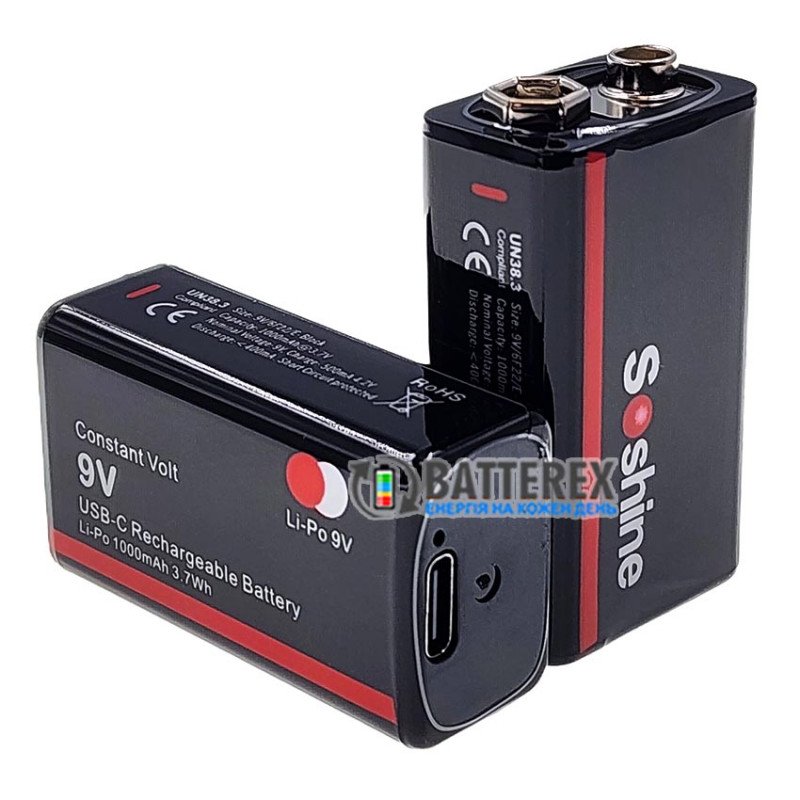 Акумулятор Крона Li-Po Soshine 9V Constant Volt 1000mah, вбудована зарядка від USB Type-C, стабільна напруга 9V, ціна за 1 шт.