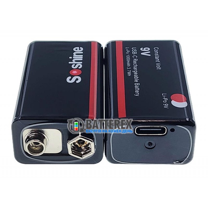 Акумулятор Крона Li-Po Soshine 9V Constant Volt 1000mah, вбудована зарядка від USB Type-C, стабільна напруга 9V, ціна за 1 шт.