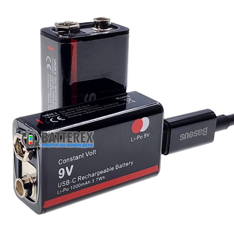 Акумулятор Крона Li-Po Soshine 9V Constant Volt 1000mah, вбудована зарядка від USB Type-C, стабільна напруга 9V, ціна за 1 шт.