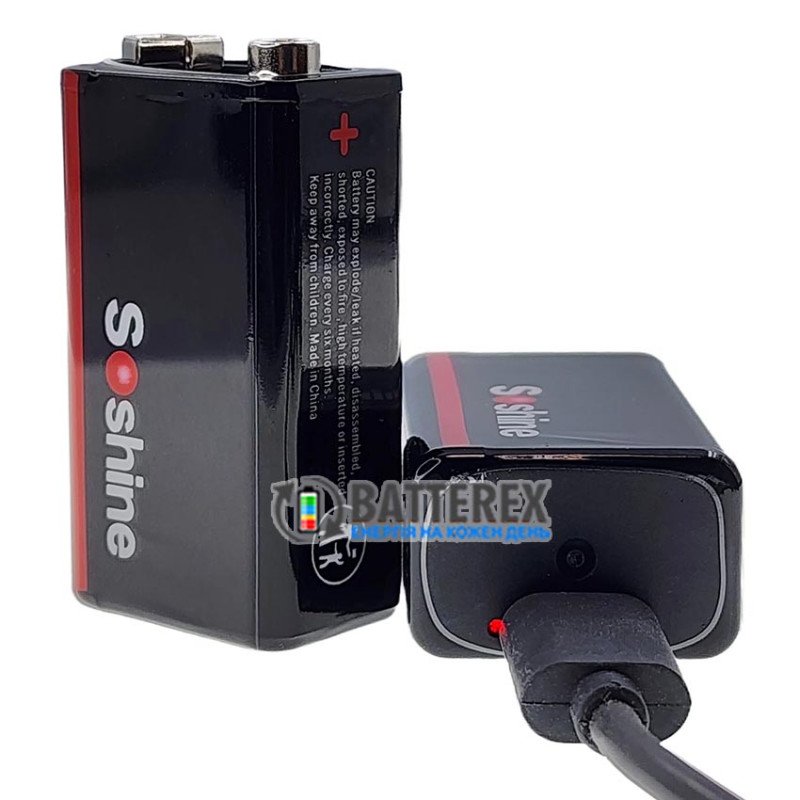 Акумулятор Крона Li-Po Soshine 9V Constant Volt 1000mah, вбудована зарядка від USB Type-C, стабільна напруга 9V, ціна за 1 шт.