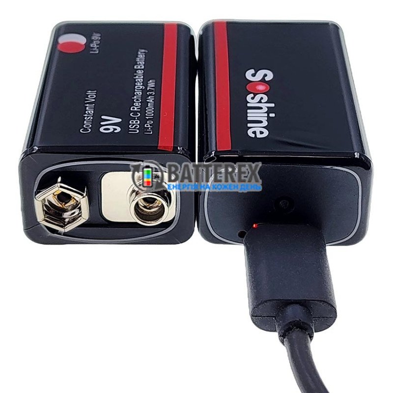 Акумулятор Крона Li-Po Soshine 9V Constant Volt 1000mah, вбудована зарядка від USB Type-C, стабільна напруга 9V, ціна за 1 шт.
