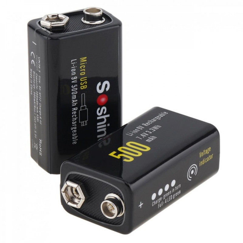 USB аккумулятор Крона Li-Ion Soshine 9V 500mah с зарядкой от micro-USB и индикатором уровня заряда + бокс