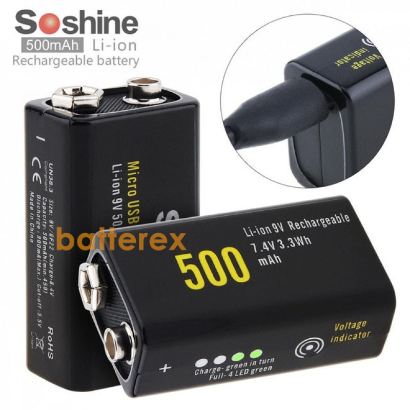 USB аккумулятор Крона Li-Ion Soshine 9V 500mah с зарядкой от micro-USB и индикатором уровня заряда + бокс