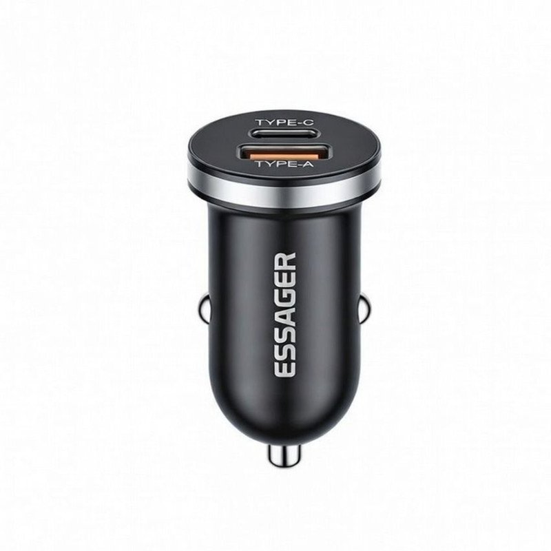Автомобильний USB зарядний пристрій ESSAGER 30W (ES-SS12) Black на 2 порти USB+Type-C зі швидкою зарядкою