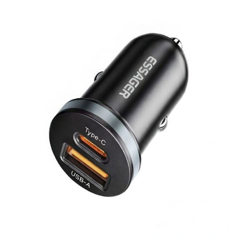 Автомобильний USB зарядний пристрій ESSAGER 30W (ES-SS12) Black на 2 порти USB+Type-C зі швидкою зарядкою