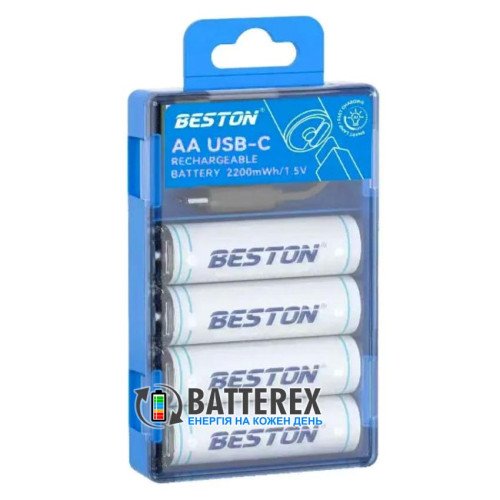 AA Li-ion Beston 2200mWh 1460mAh 1.5V Protected USB Type-C - комплект 4 аккумулятора в пластиковом кейсе + зарядный кабель