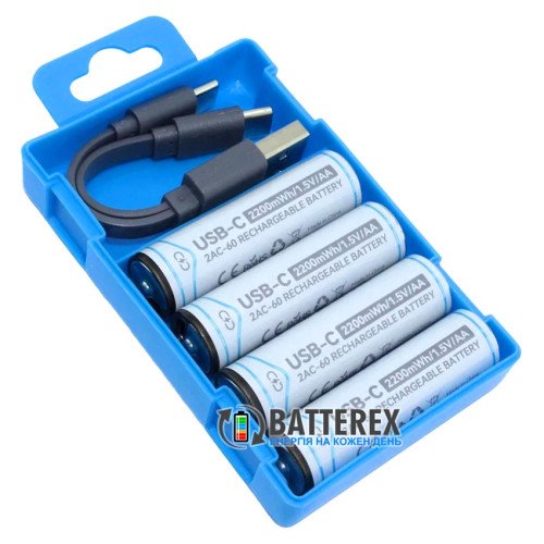 AA Li-ion Beston 2200mWh 1460mAh 1.5V Protected USB Type-C - комплект 4 аккумулятора в пластиковом кейсе + зарядный кабель