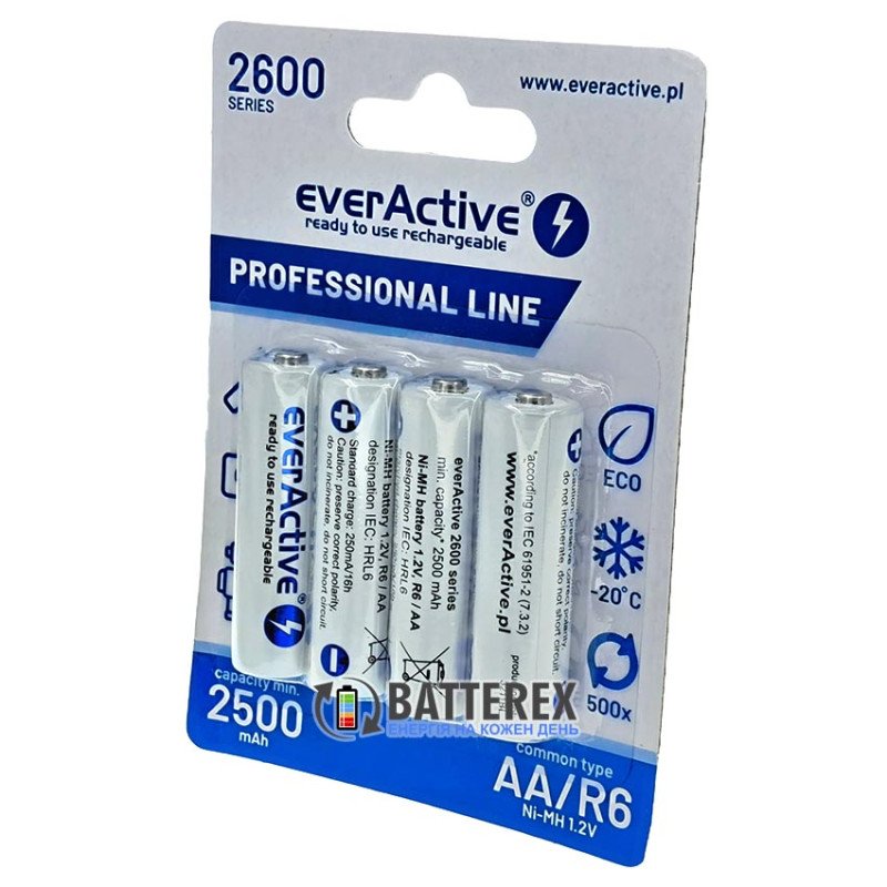 Пальчикові АА акумулятори EverActive 2600 mah, картонная упаковка 4 шт.