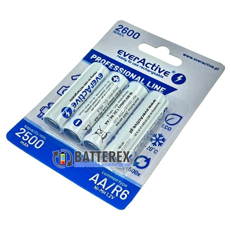 Пальчикові АА акумулятори EverActive 2600 mah, картонная упаковка 4 шт.