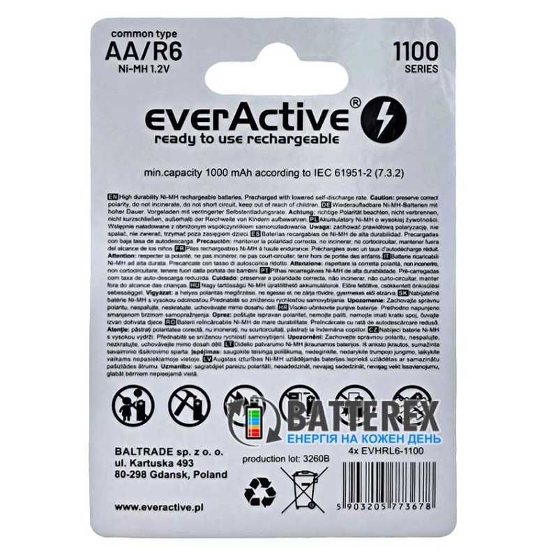 Акумулятори AA Everactive Infinity Line 1100 mah 3000 циклів заряду - упаковка 4 шт. в картонному блістері