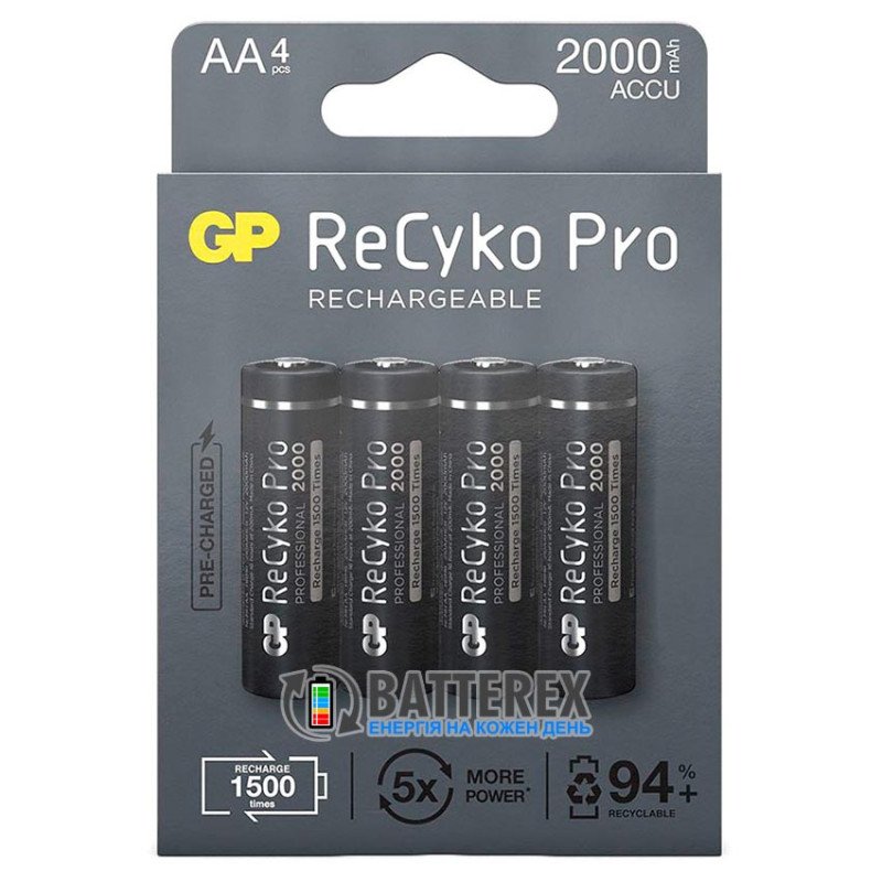 Пальчикові АА акумулятори GP Recyko Pro 2000 mah на 1500 циклів, картонна упаковка 4 шт.