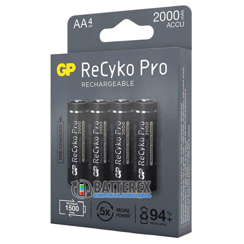 Пальчикові АА акумулятори GP Recyko Pro 2000 mah на 1500 циклів, картонна упаковка 4 шт.