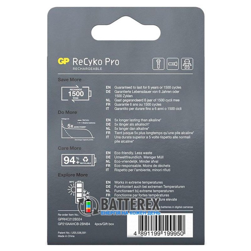 Пальчикові АА акумулятори GP Recyko Pro 2000 mah на 1500 циклів, картонна упаковка 4 шт.