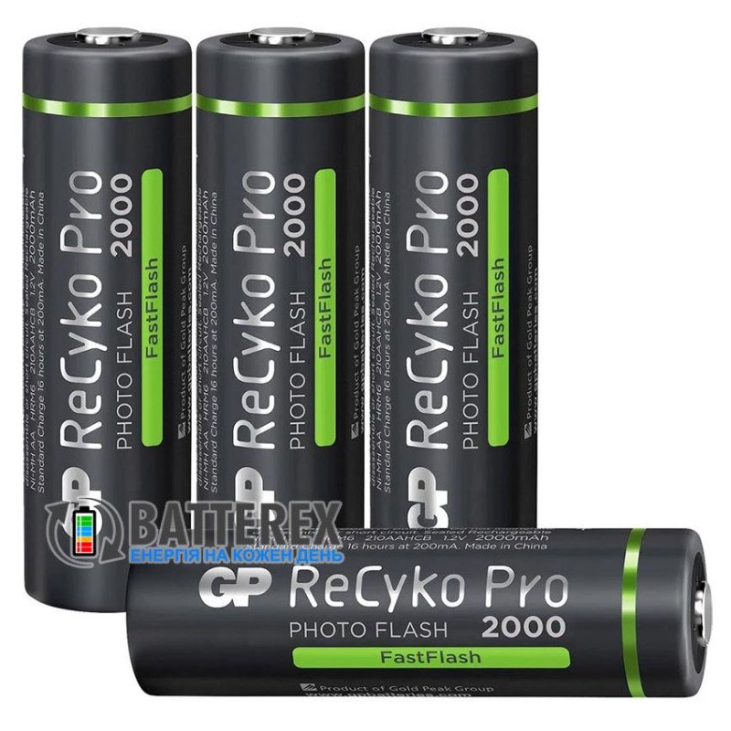 Пальчикові АА акумулятори GP Recyko+ Pro Photo Flash 2000mah із високим струмом віддачі до 10A, картонна упаковка 4 шт.
